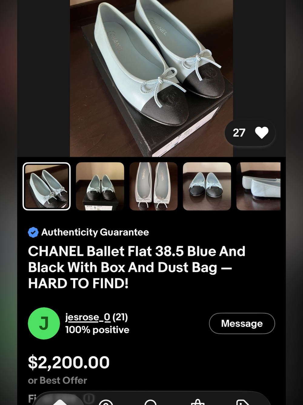 NIB Authentic CHANEL leather Light Blue and Black fabric Cap-Toe Ballet Flats - Picture 11 of 11